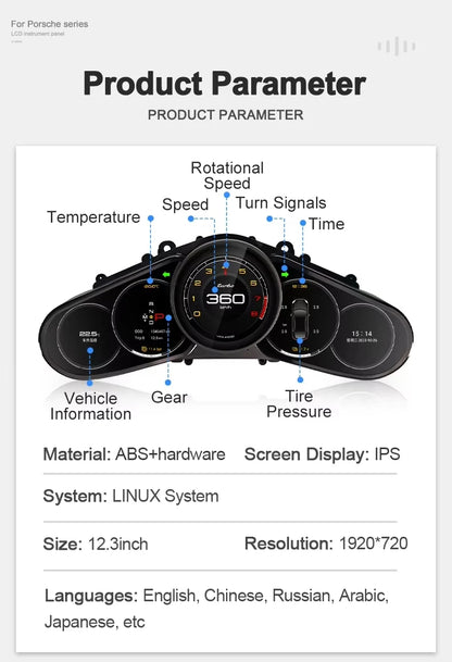 LCD Dashboard 12.3" Car Digital Cluster Instrument Auto Speedometer Tachometer Ghost Screen for Porsche Cayenne 2011 2012 2013 2014 2015 2016 2017 | PareiAuto
