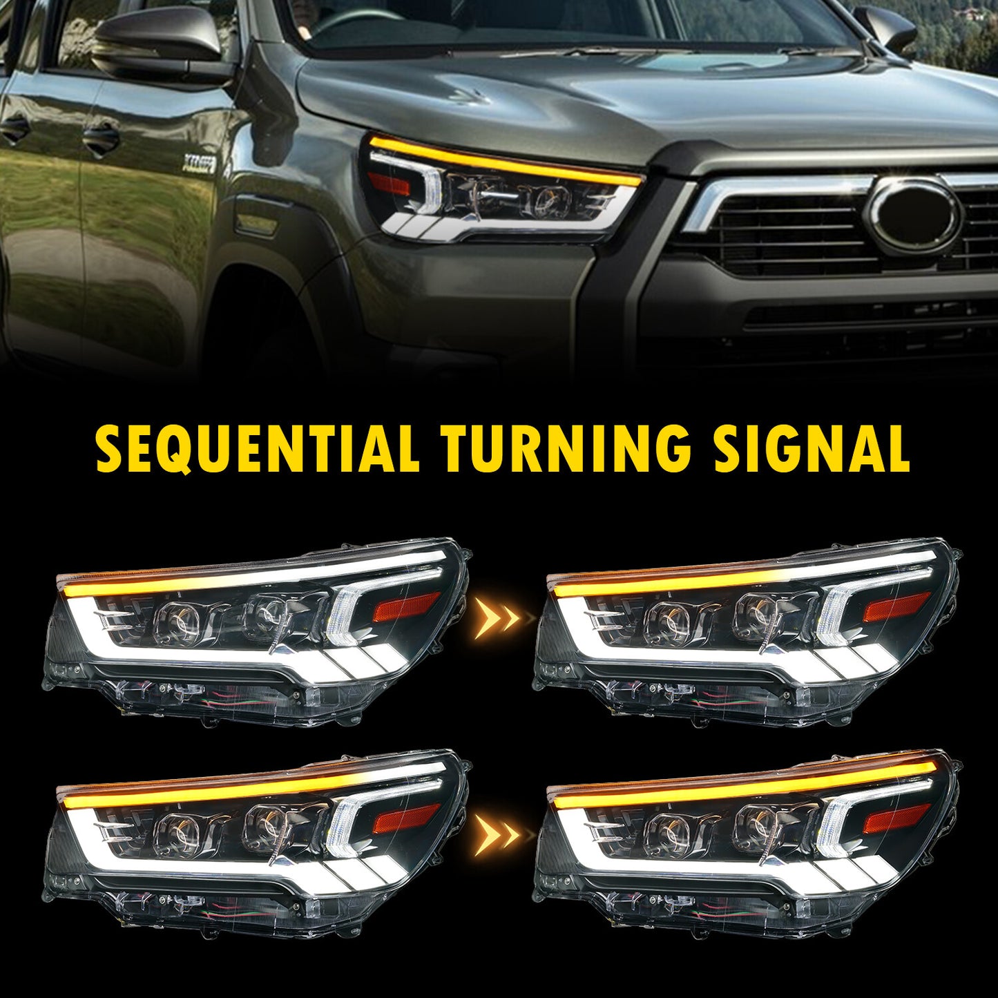 Full LED DRL Sequential Turn Signal Indicator HeadLights For Toyota Hilux Revo Rocco 2020 2021 2022