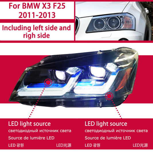 LED Headlight For BMW X3 F25 2010 2011 2012 2013 2014 Projector Lens Pre-LCI Front DRL Turn Signal Headlamps